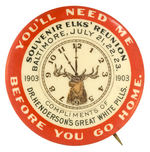 ELKS 1903 CONVENTION BUTTON ADVERTISING "DR. HENDERSON'S GREAT WHITE PILLS."