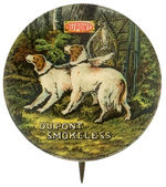 "DUPONT SMOKELESS" EARLY BUTTON SHOWING WOODED SCENE WITH DOGS, BIRD AND SHOTGUNS.