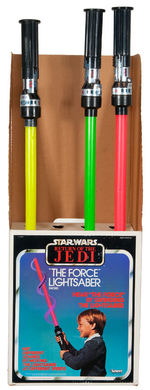 "RETURN OF THE JEDI" CARDBOARD DISPLAY WITH 3 "THE FORCE" LIGHTSABERS.