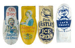FOUR LITHO TIN CLICKERS PROMOTING ICE CREAM.