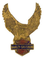 "HARLEY-DAVIDSON MOTOR CYCLES" BRASS EAGLE PIN WITH ENAMEL LOGO.