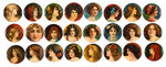 EXTENSIVE ADVANCED COLLECTION OF CIGARETTE GIVE-AWAY BUTTONS PICTURING PRETTY YOUNG WOMEN.