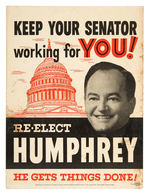 "RE-ELECT HUMPHREY" CARDBOARD SENATE WINDOW SIGN CIRCA 1954.