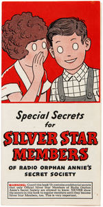 RADIO ORPHAN ANNIE 1937 DECODER BADGE, SILVER STAR MESSAGE RING AND RARE “SPECIAL SECRETS” FOLDER.