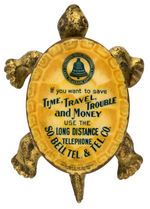 CAST IRON TURTLE PAPERWEIGHT WITH CELLULOID TOP ADVERTISING EARLY TELEPHONE.