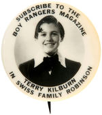 RARE REAL PHOTO BUTTON SHOWING “TERRY KILBURN IN SWISS FAMILY ROBINSON.”