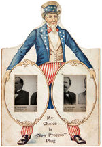 McKINLEY & HOBART/BRYAN & SEWELL WITH UNCLE SAM DOUBLE JUGATE MECHANICAL DIE-CUT TOBACCO TRADE CARD.