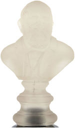 BENJAMIN HARRISON FROSTED GLASS BUST ON BLACK GLASS PEDESTAL.