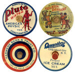 FOUR ADVERTISING TOPS IN CELLO AND LITHO TIN.