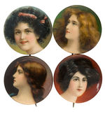 FOUR BEAUTIFUL LADY BUTTONS WITH CRACKER JACK BACKPAPERS.