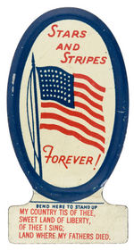 CRACKER JACK SET OF FOUR LITHO TIN AMERICAN FLAG THEME OVAL STANDUPS.