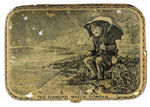 LITHO TIN MATCH BOX SHOWS FISHERMAN IN RAIN WITH ROD, UMBRELLA & WHISKEY.