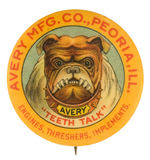 "AVERY MFG. CO. 'TEETH TALK'" FARM MACHINERY TRADEMARK BULL DOG WITH METAL TEETH AND SPIKED COLLAR.