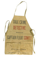 NEWSSTAND APRON WITH PULP AND COMIC BOOK ADVERTISEMENTS.