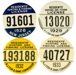 "NEW JERSEY RESIDENTS' HUNTING AND FISHING LICENSE" GROUP OF FOUR EARLY YEARS.