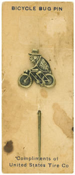 EARLY BICYCLE STICKPINS, BRASS BADGE AND SIREN WHISTLE.