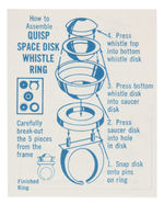 QUISP SPACE DISK WHISTLE PAIR OF RINGS IN TWO COLORS PLUS ONE INSTRUCTION CARD.