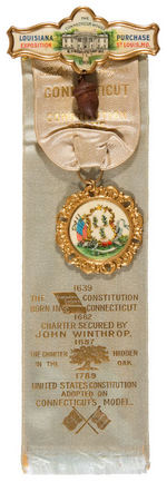 OUTSTANDING ST. LOUIS EXPOSITION AND STATE OF CONNECTICUT RIBBON BADGE.