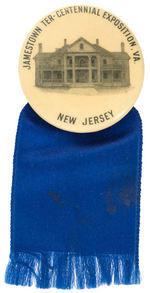 "NEW JERSEY/JAMESTOWN TER - CENTENNIAL EXPOSITION, VA" CELLULOID STICKPIN WITH RIBBON.