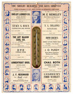 WASHINGTON/FDR LARGE CARD WITH THERMOMETER AND SHELBY, OHIO ADS.