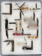 13 POCKET KNIVES INCLUDING REMINGTON, C&O RAILWAY, AND MANY CHARACTERS AND COWBOYS.