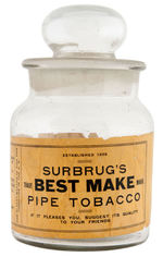 "SURBRUG'S BEST MAKE PIPE TOBACCO" GLASS STORE JAR WITH WOODEN CASE.