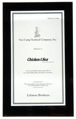 “CHICKEN OF THE SEA LEHMAN BROTHERS” LUCITE AWARD.