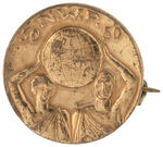 NATIONAL WOMAN'S PARTY BRASS METAL PIN-BACK WITH FIGURES HOLDING UP A GLOBE AND "50-50".