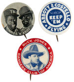 AMOS ‘N ANDY, ABBOTT & COSTELLO, BUCK JONES TRIO OF CLASSIC 1930s-EARLY 1940s BUTTONS.