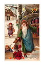 SANTA CLAUS HANDING OUT CHOCOLATE BARS HOLD TO LIGHT POSTCARD BY MALLICK.