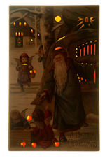 SANTA CLAUS HANDING OUT CHOCOLATE BARS HOLD TO LIGHT POSTCARD BY MALLICK.