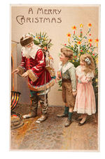 HOLD TO LIGHT SANTA CLAUS POSTCARD WITH BOY, GIRL & TREE.