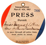 WILSON 1913 INAUGURATION RARE LARGE "PRESS PERMIT" TAG FOR A WOMAN.