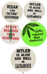 GROUP OF FIVE ANTI-REAGAN GOVENOR BUTTONS FROM THE MARSHALL LEVIN COLLECTION.