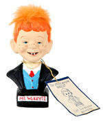 ALFRED E. NEUMAN-LIKE "ME WORRY??" PAINTED COMPOSITION BUST FIGURE WITH TAG