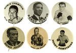 SIX 40s-50s BOXING STADIUM BUTTON INCLUDING JOHANSSON AND WOLCOTT.