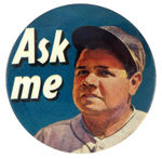 STORE CLERK'S BUTTON PROMOTING QUAKER CEREALS "ASK ME" BABE RUTH PREMIUM GAME.