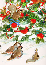 ARLENE NOEL FOREST ANIMALS AND BIRDS DECORATING OUTDOOR CHRISTMAS TREE ORIGINAL PAINTING.