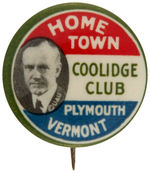 "HOME TOWN COOLIDGE CLUB PLYMOUTH VERMONT" BUTTON.