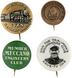 IVES, LIONEL, MECCANO TOY TRAIN CLUB BUTTONS PLUS EARLY TV CLUB BUTTON.