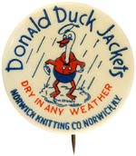 "DONALD DUCK JACKETS" HIS FIRST PRODUCT ENDORSEMENT BUTTON WITH RARE BACK PAPER.