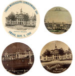 TRANS-MISSISSIPPI AND JAMESTOWN GROUP OF FOUR BUTTONS INCLUDING THREE REAL PHOTOS.