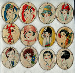 ART DECO LADIES 12 CELLULOID BROOCH PINS FROM THE HAKE COLLECTION.