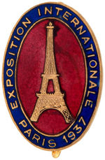 RARE ENAMEL PIN FOR "PARIS 1937 EXPOSITION INTERNATIONALE" PLUS FRENCH SLOGAN BUTTON.