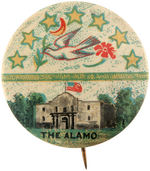 "THE ALAMO" PICTURED ON A PAIR OF EARLY ODD FELLOWS FRATERNAL BUTTONS.