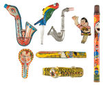 LARGER LITHO TIN WHISTLES, KAZOOS AND NOISE MAKERS.