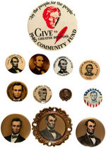 ABRAHAM LINCOLN COLLECTION OF ELEVEN BUTTONS AND ONE LAPEL STUD.