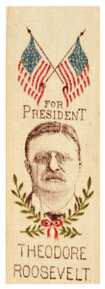 "FOR PRESIDENT THEODORE ROOSEVELT" COLORFUL RIBBON FROM HIS 1912 CAMPAIGN.