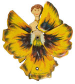 GERMAN TIN LITHO MECHANICAL FLOWER REVEALS WOMAN.