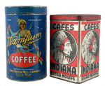 LOT OF SIX COFFEE CANS , FIVE WITH NATIVE AMERICAN GRAPHICS.